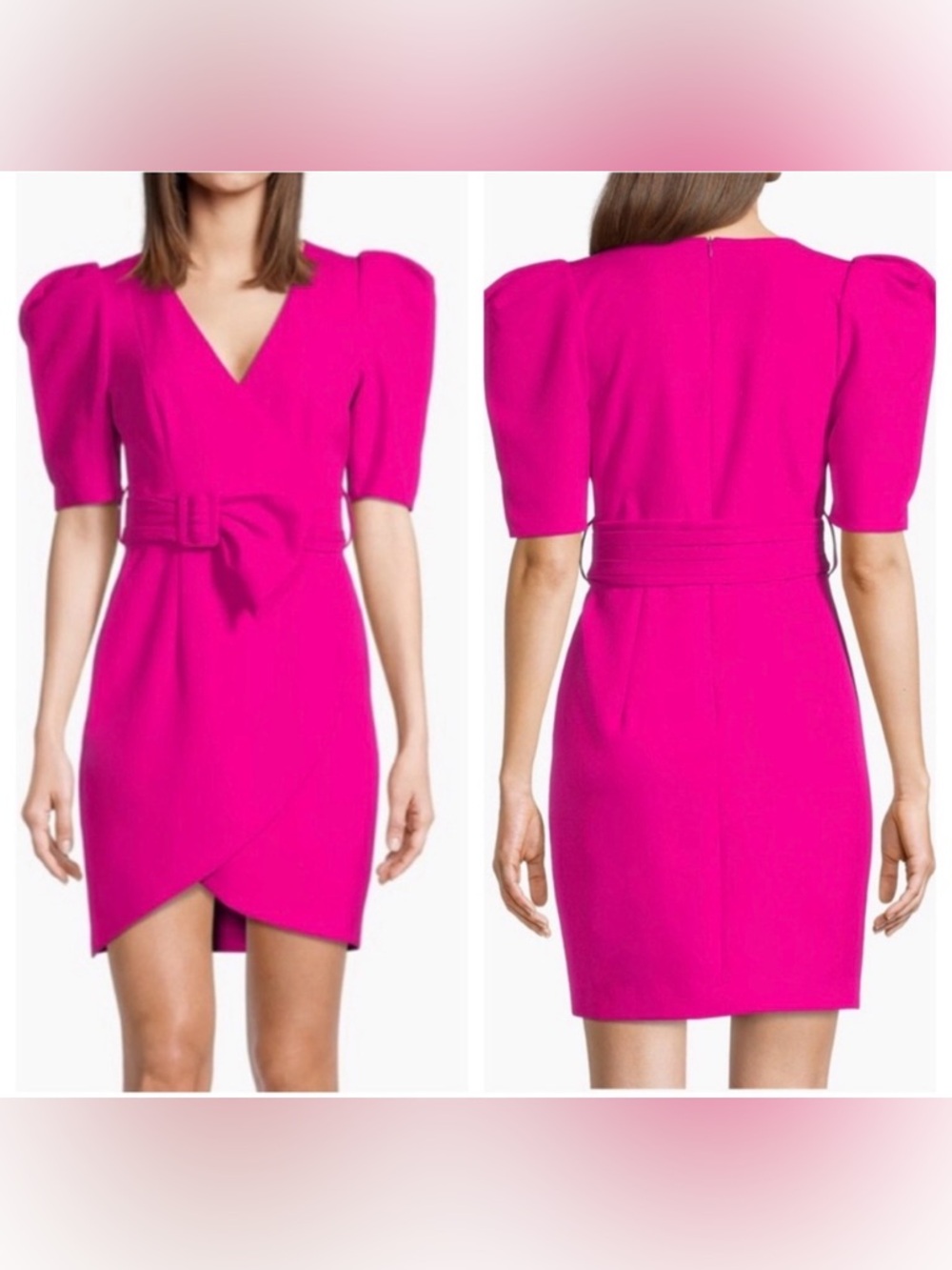 black halo maricopa belted faux wrap puffy sleeve mini dress
